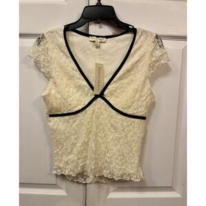 NWT Thirty Thirty Ivory Lace V-Neck Top w/Black Trim Sz XL Smocked Crop NEW